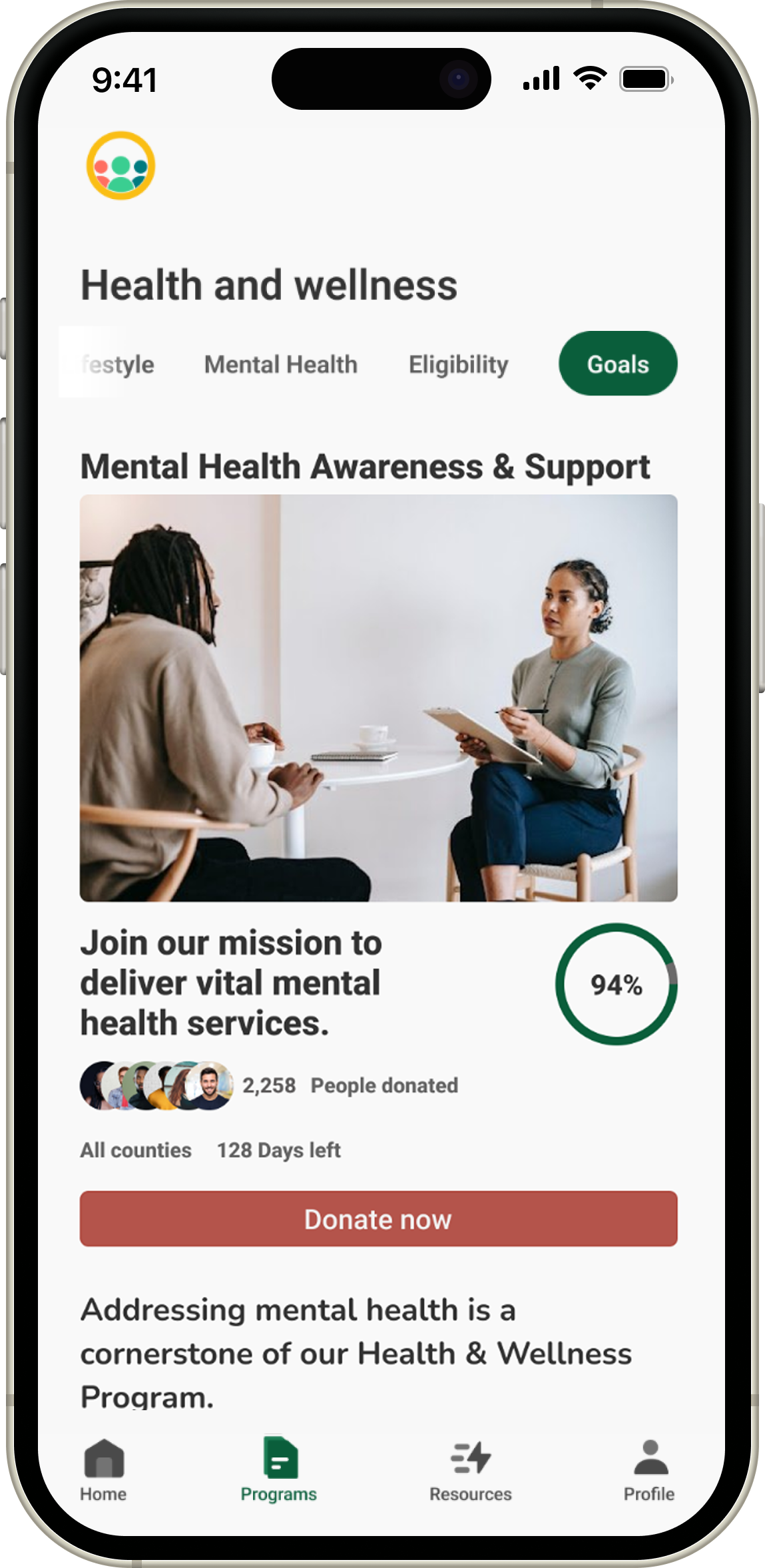 Mental Health Awareness and Support campaign screen showing a mental health services initiative with progress and donation call to action.